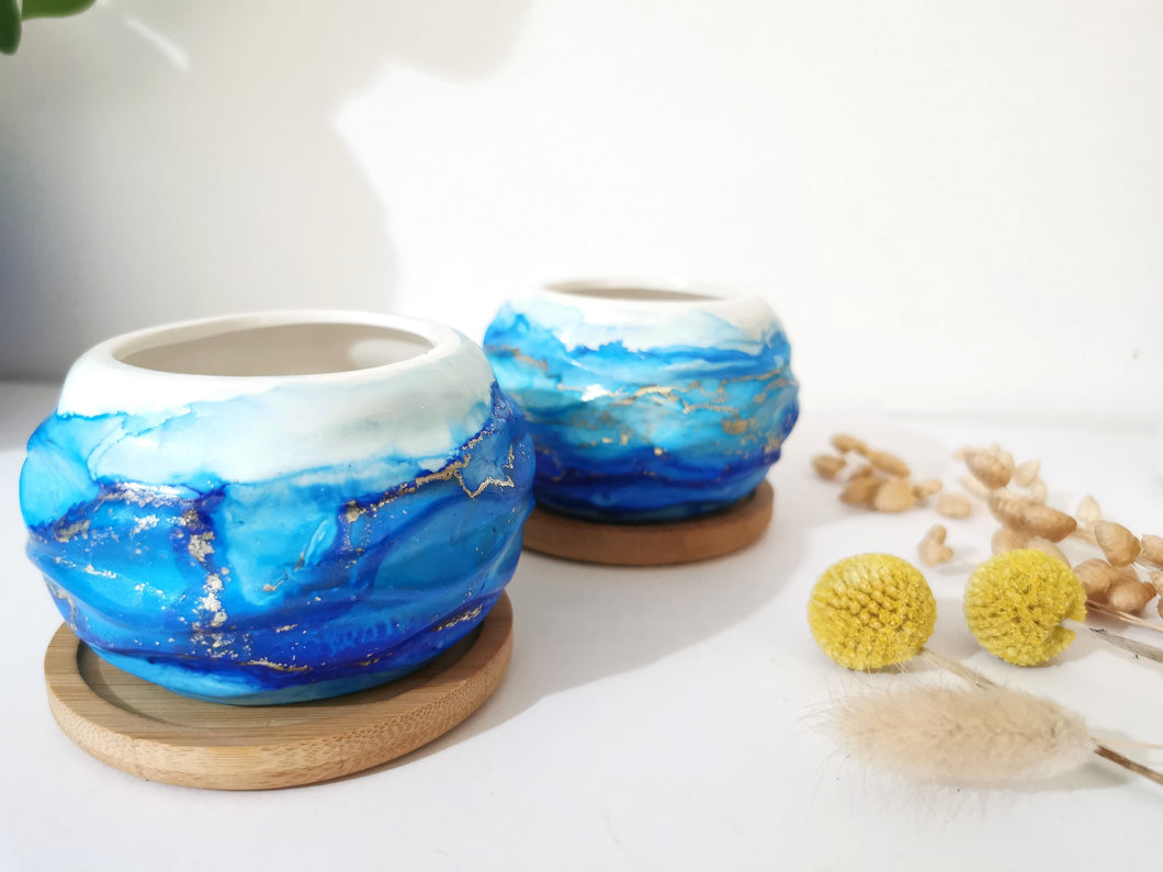 Small blue & gold textured planters/candle holders