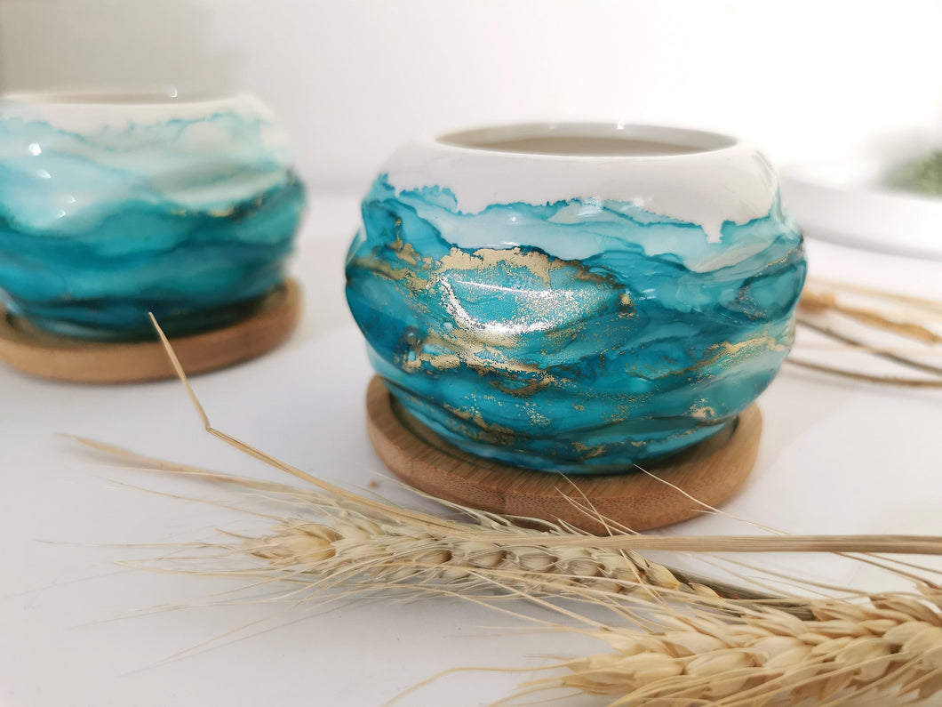 Teal & gold small planters/candle holders